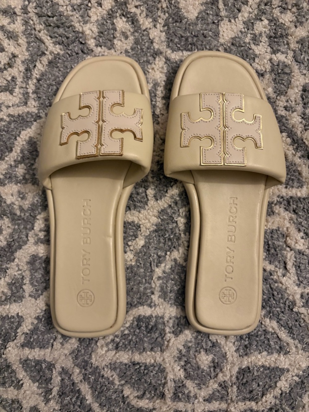 Tory Burch Cream Leather Logo Slide Sandals